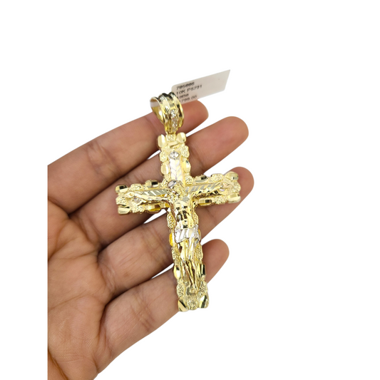 Real 10k Yellow Gold Charm Pendant CZ Nugget Cross 3" Diamond Cuts 10KT
