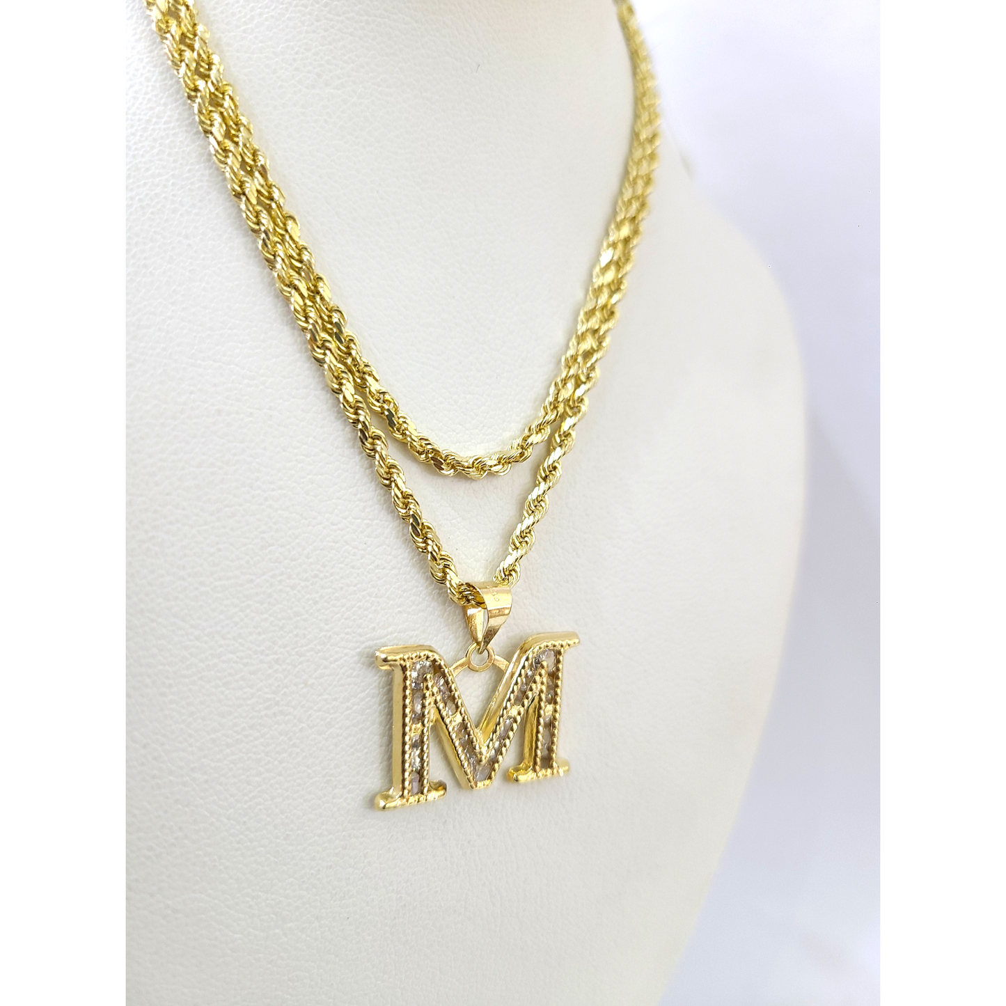 10k 2.5mm Rope Chain M Initial Alphabet Pendant 16"-28" Gold Set Charm Necklace