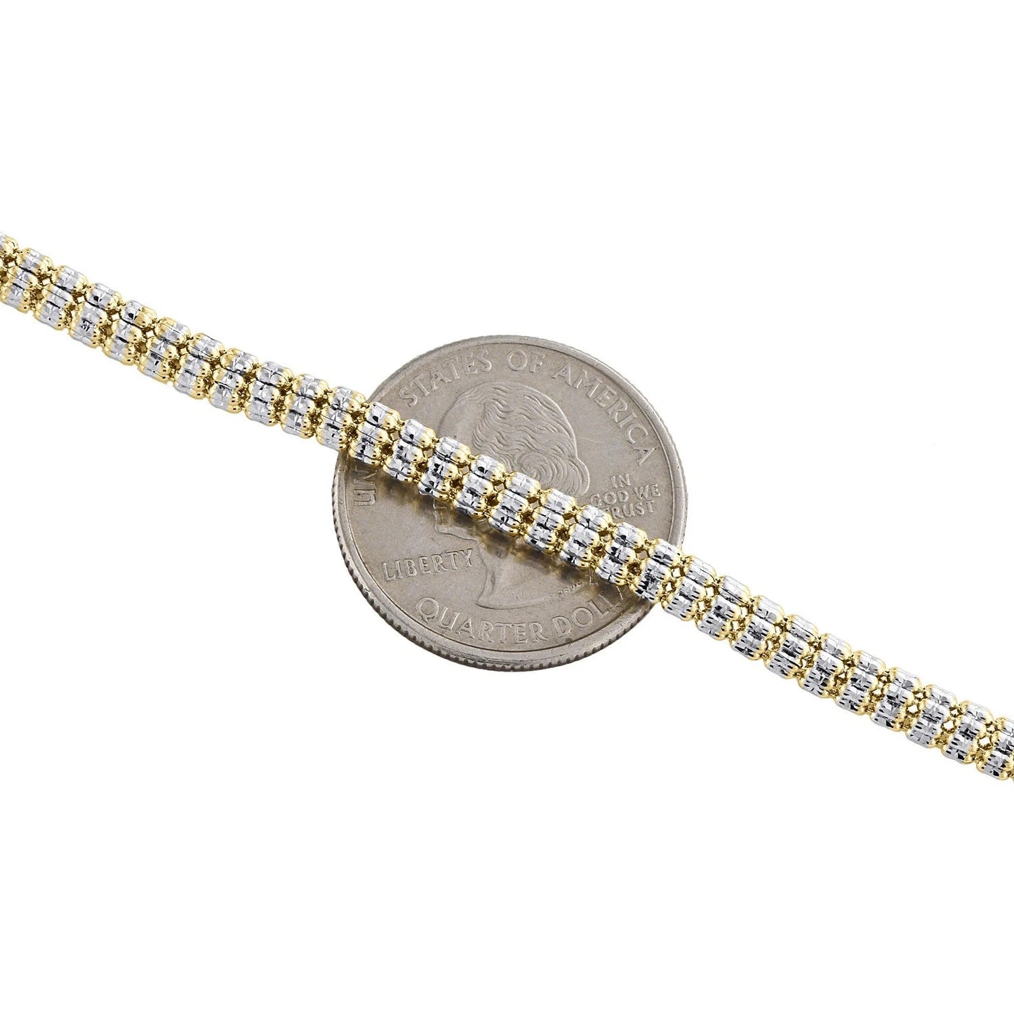 10K Yellow White Gold Two Tone 4mm Diamond Cut Ice Bead Link Bracelet 8 Inches