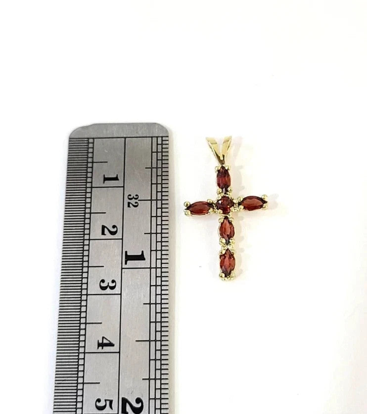 10K Yellow Gold Franco Chain Red CZ Cross Pendant Necklace 1mm 16 18 20 22 Women