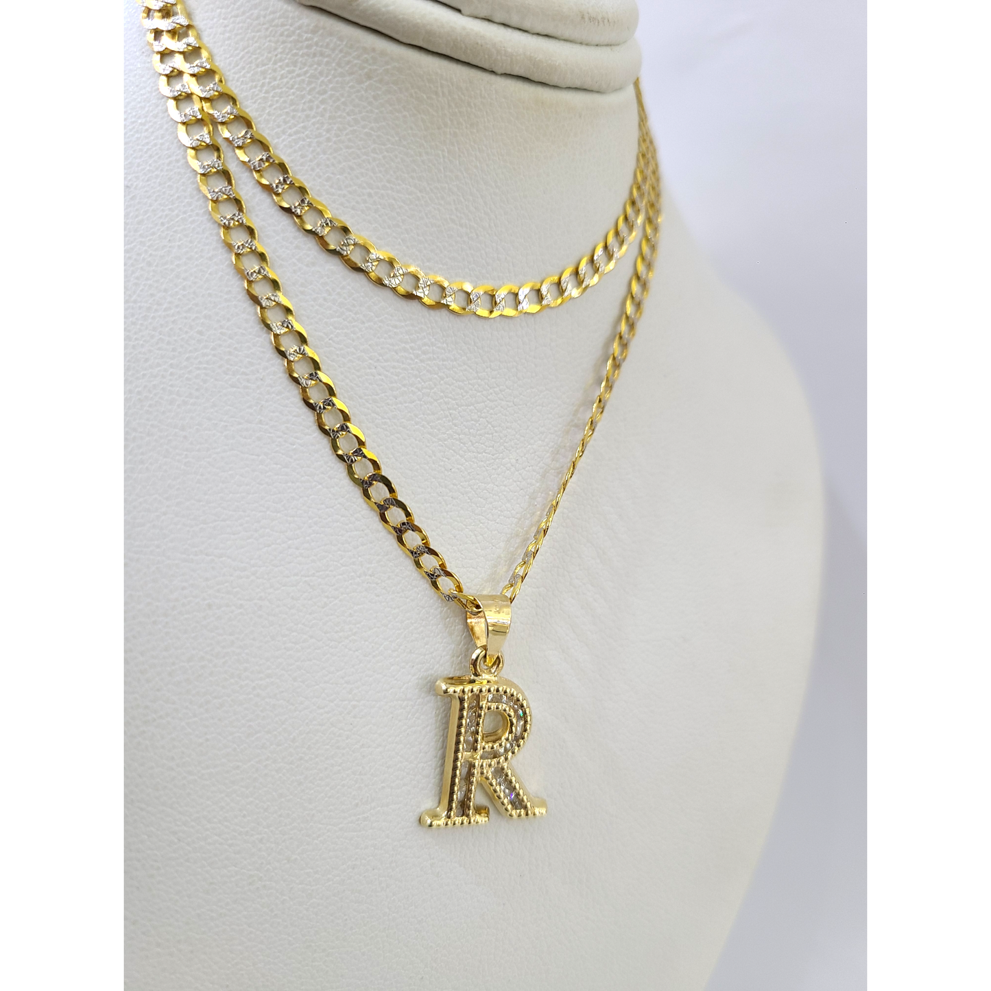 10k Gold Cuban Curb Chain Necklace R Initial Alphabet Pendant Charm 3mm Necklace
