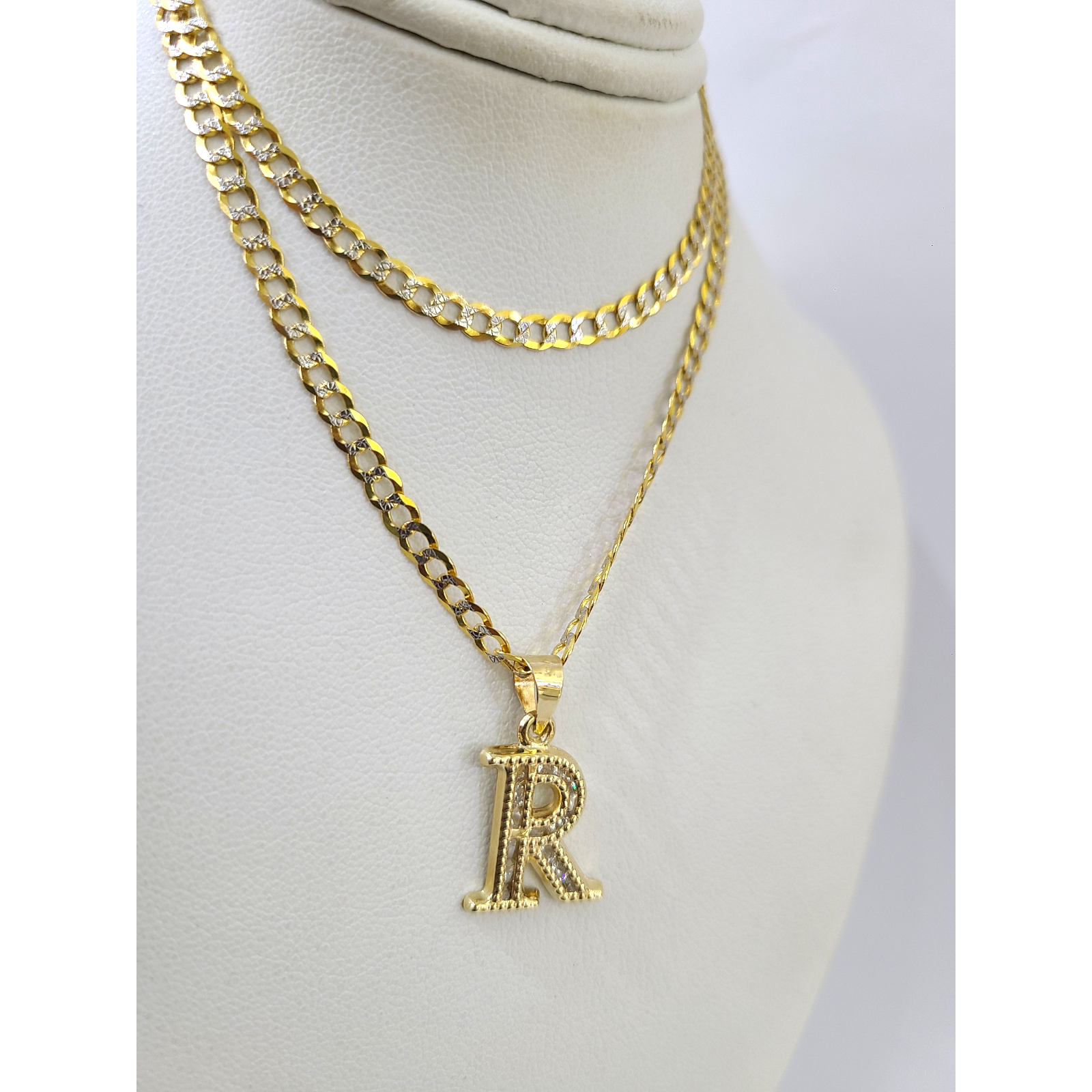 10k Gold Cuban Curb Chain Necklace R Initial Alphabet Pendant Charm 3mm Necklace