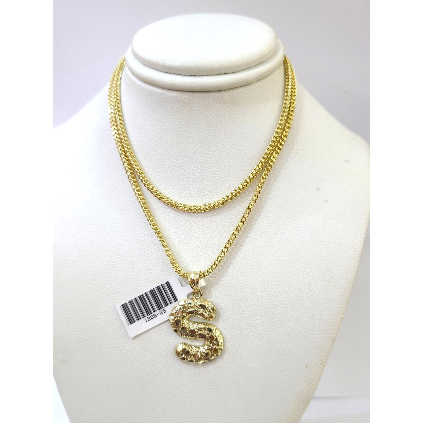 10k Gold Franco Chain 2.5mm 16"-26" S Nugget Initial Charm Pendant Necklace SET