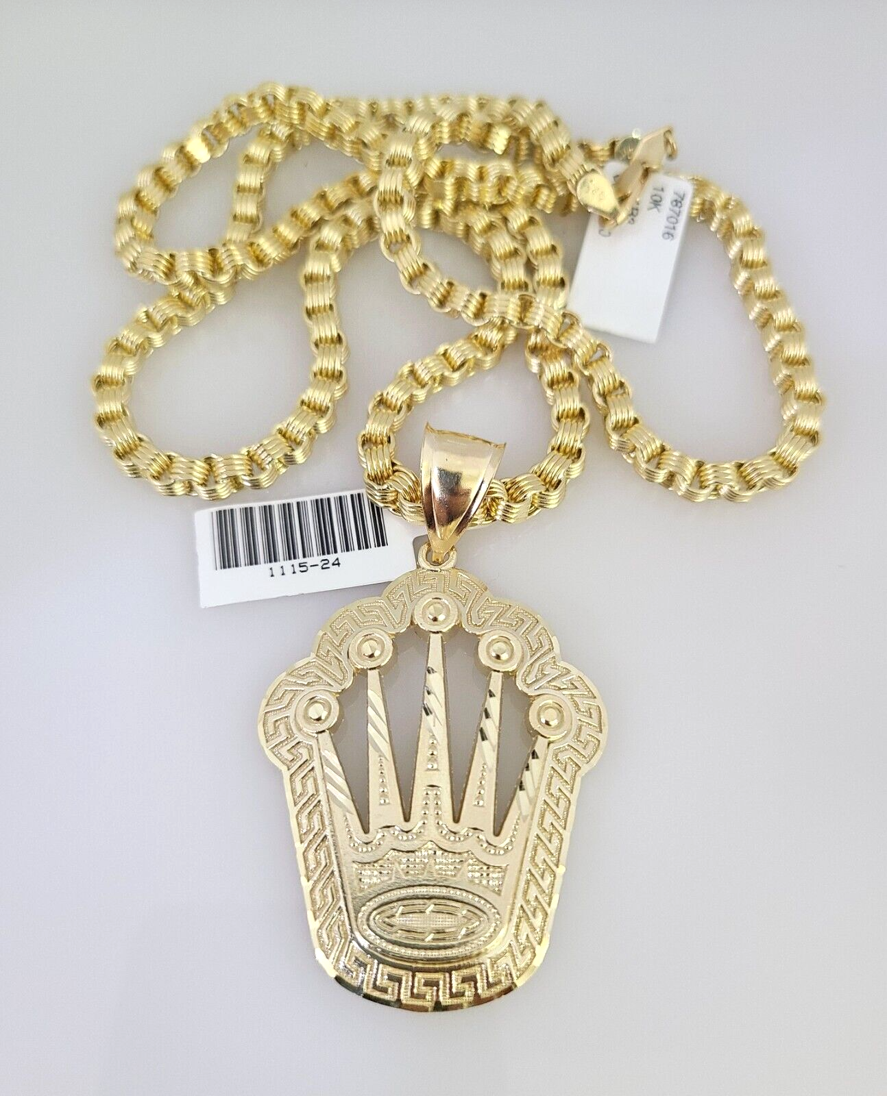 Real 10k Gold Byzantine Necklace Crown Charm SET Chain 20"-30" 4mm