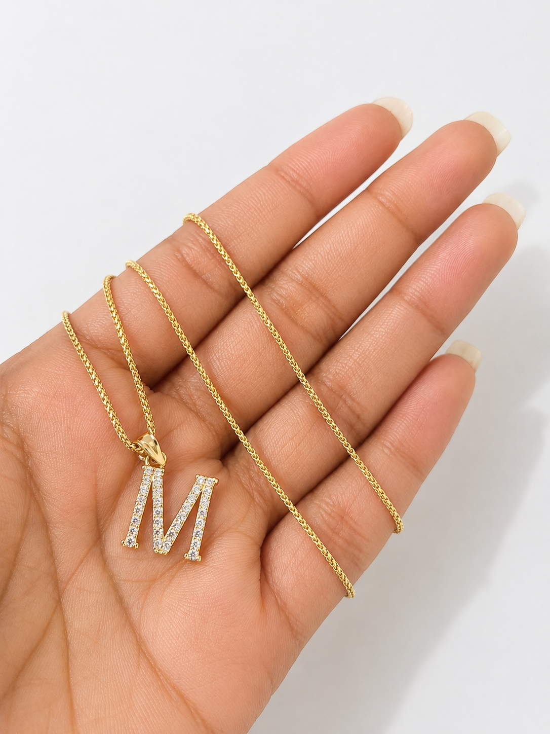 10K Gold Solid Franco Chain M Initial CZ Stone Pendant Set 1mm 16 18 20 22 Women