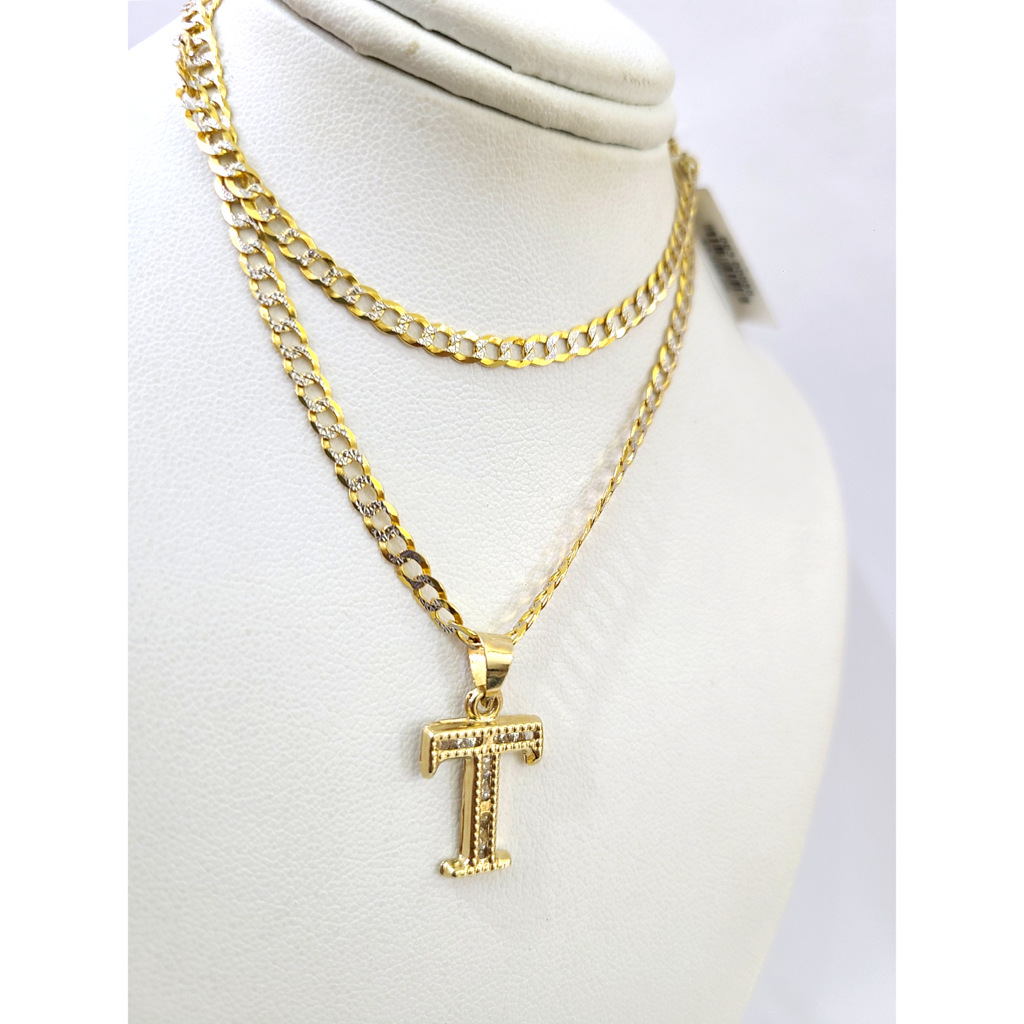 10k Gold Cuban Curb Chain Necklace T Initial Alphabet Pendant Charm 3mm Necklace