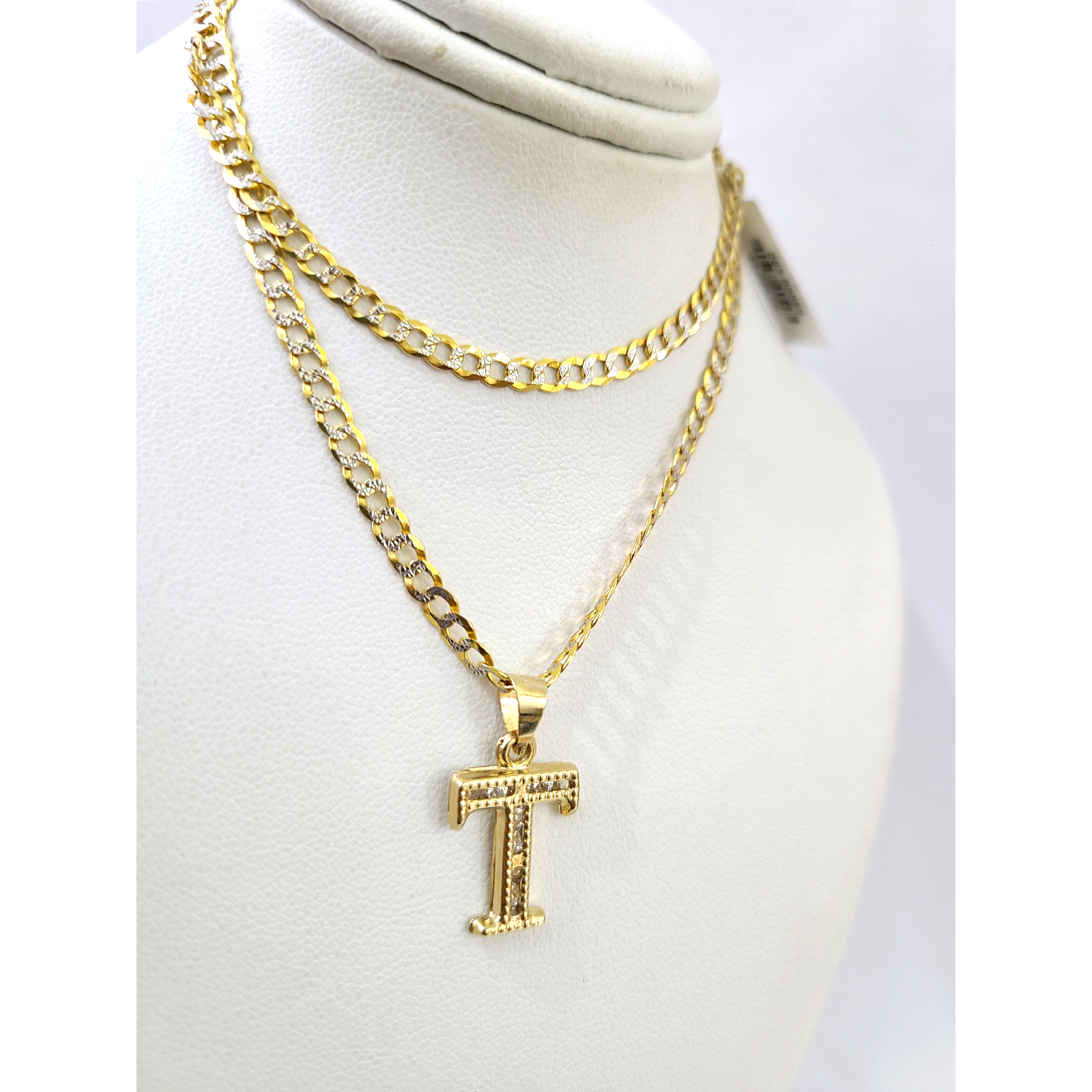 10k Gold Cuban Curb Chain Necklace T Initial Alphabet Pendant Charm 3mm Necklace