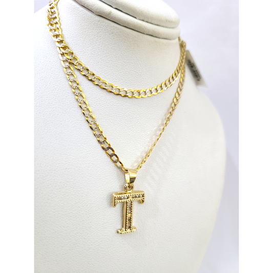 10k Gold Cuban Curb Chain Necklace T Initial Alphabet Pendant Charm 3mm Necklace