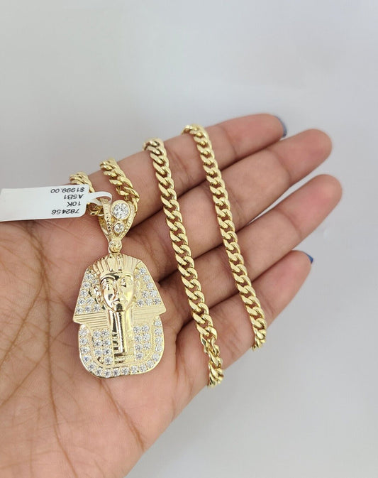 10kt Gold Miami Cuban Chain Pharaoh Charm Pendant 5mm 18-28 Inch Necklace