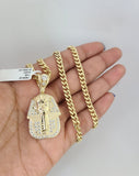 10kt Gold Miami Cuban Chain Pharaoh Charm Pendant 5mm 18-28 Inch Necklace