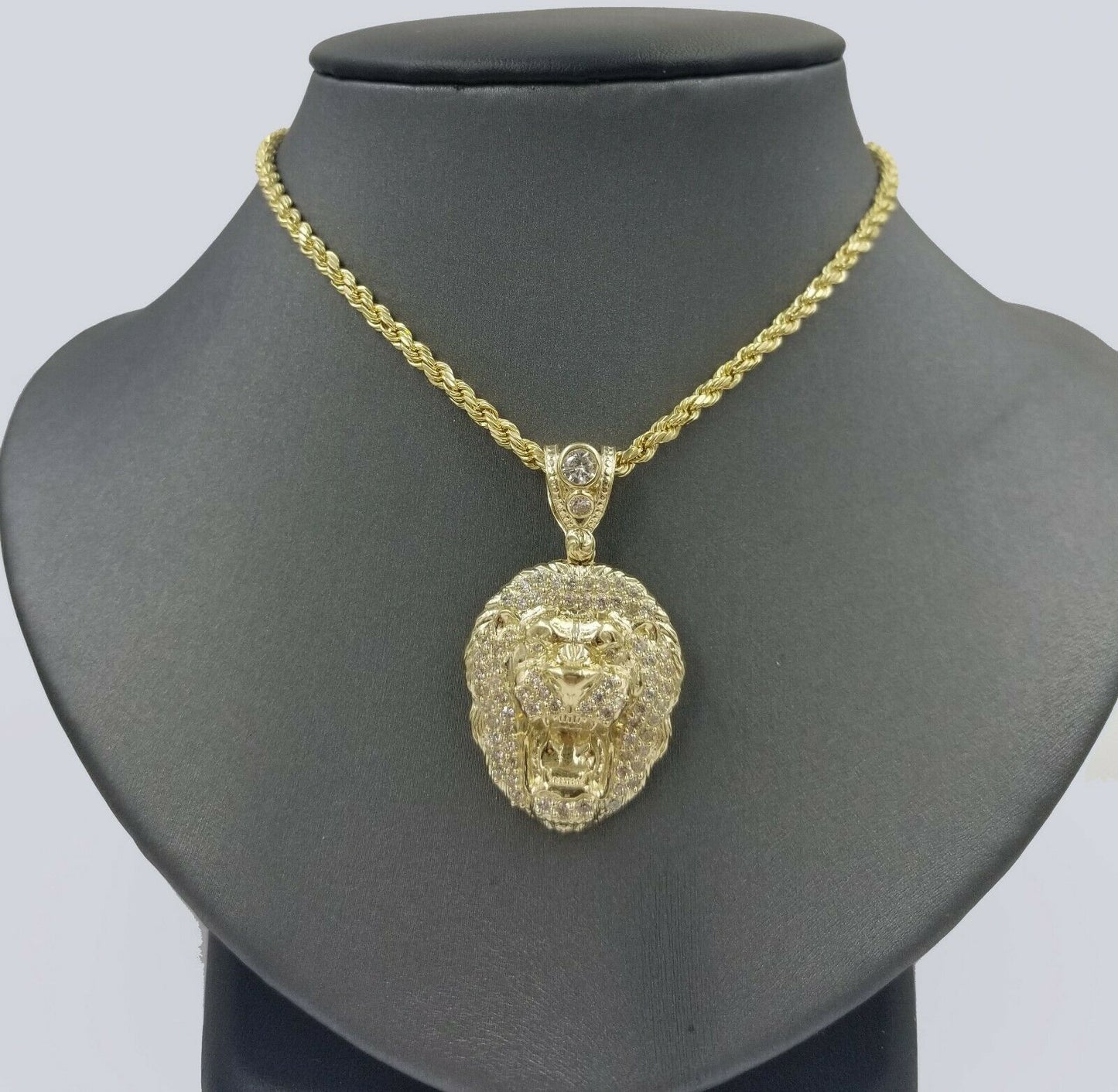 10k Yellow Gold Roaring Lion Head Charm Pendent With 3mm Rope Chain 20 22 24
