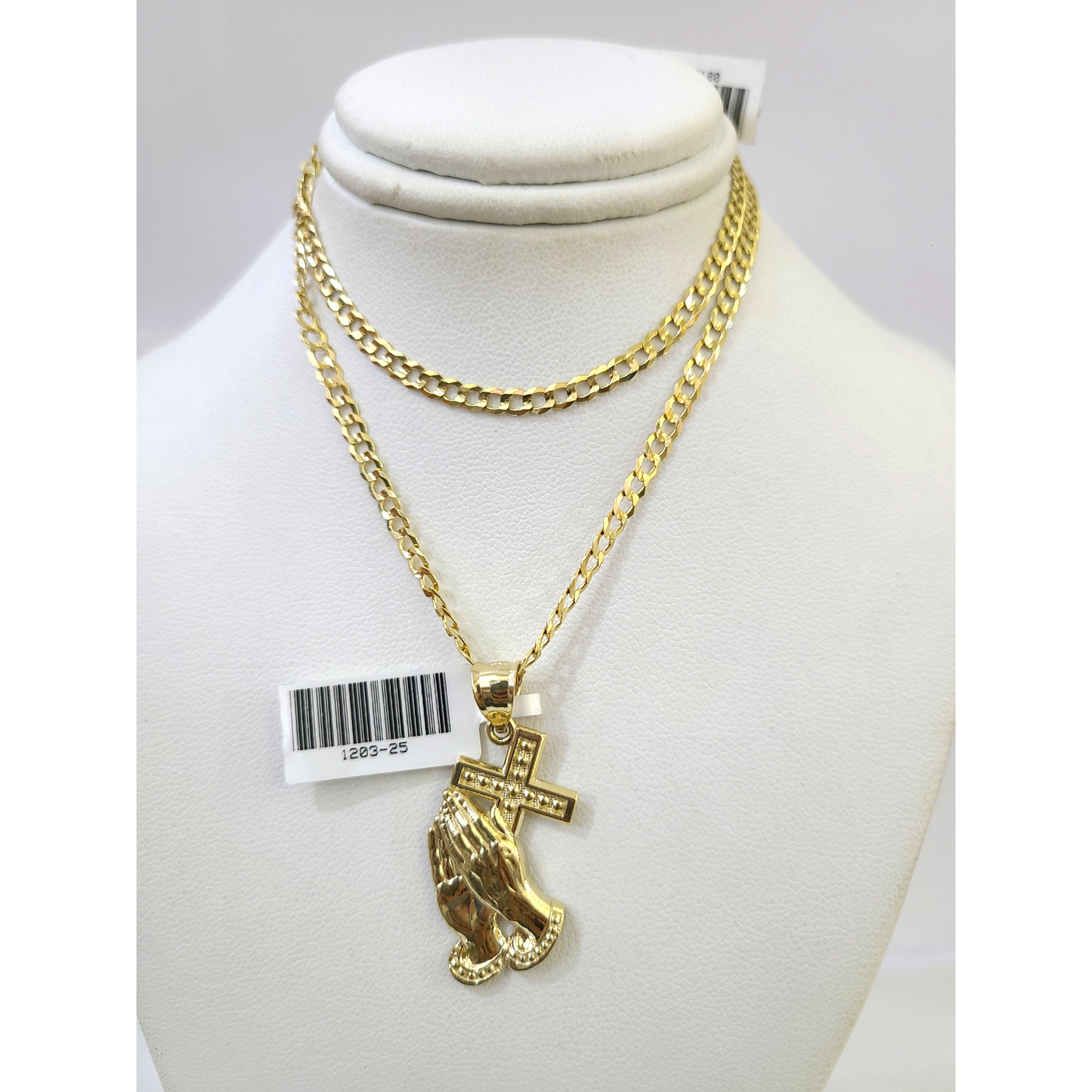 10k Gold Cuban Curb 3mm Chain Necklace Praying Hands Charm Pendant 18"-28" Set