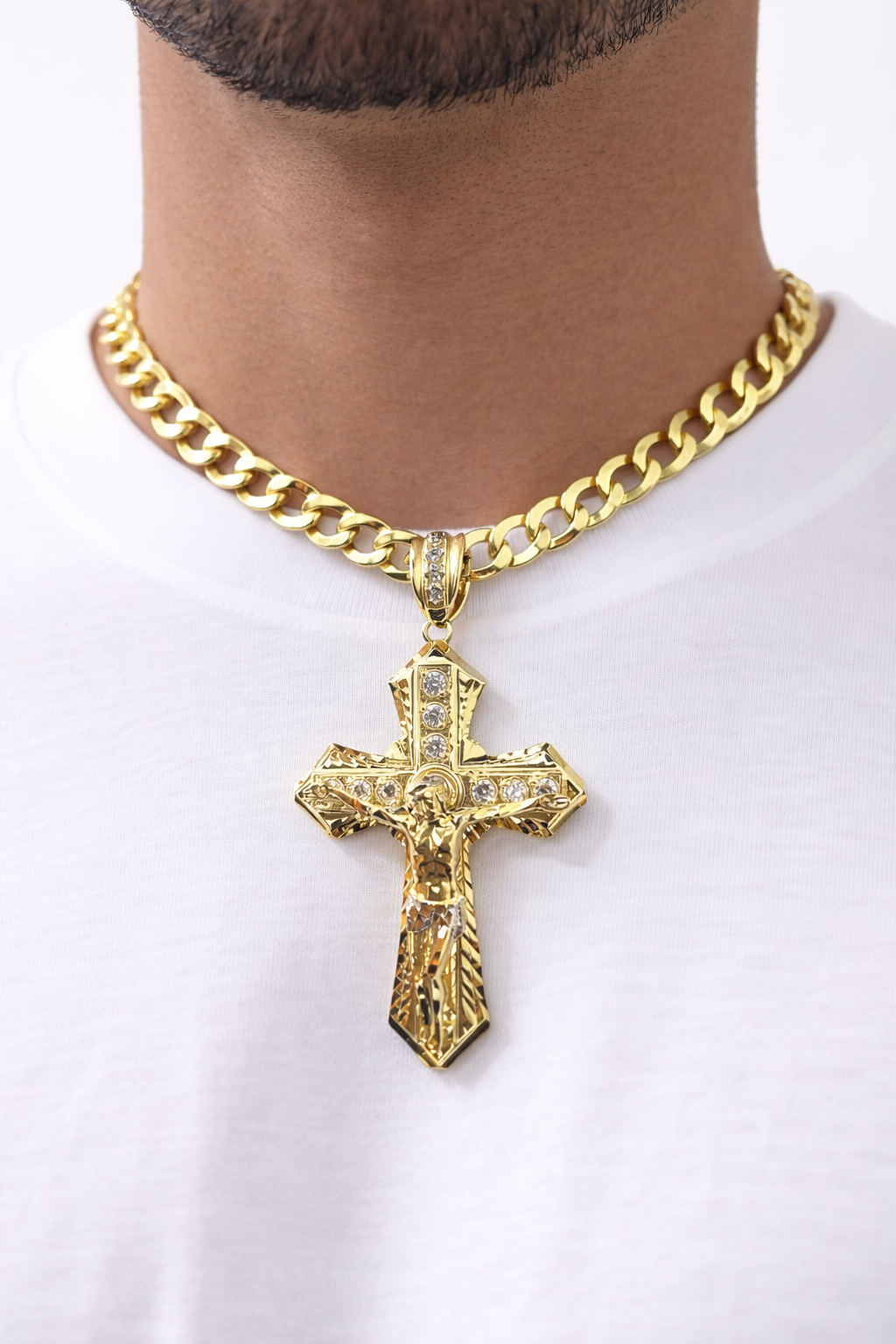 10k Yellow Gold Cuban Curb Chain SET Christ Cross Pendant Charm 8mm Necklace Men