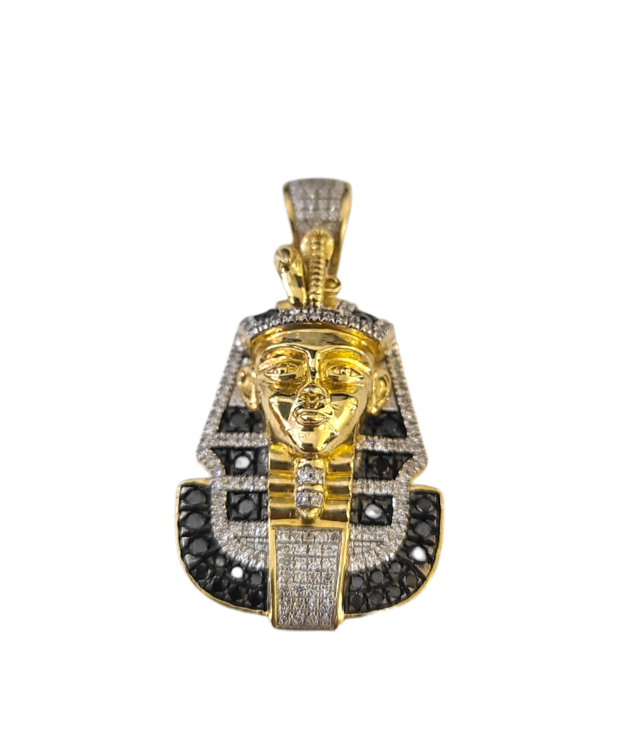 Real 10k Yellow Gold Pharoah Head Charm Pendant Black White Diamonds Men's