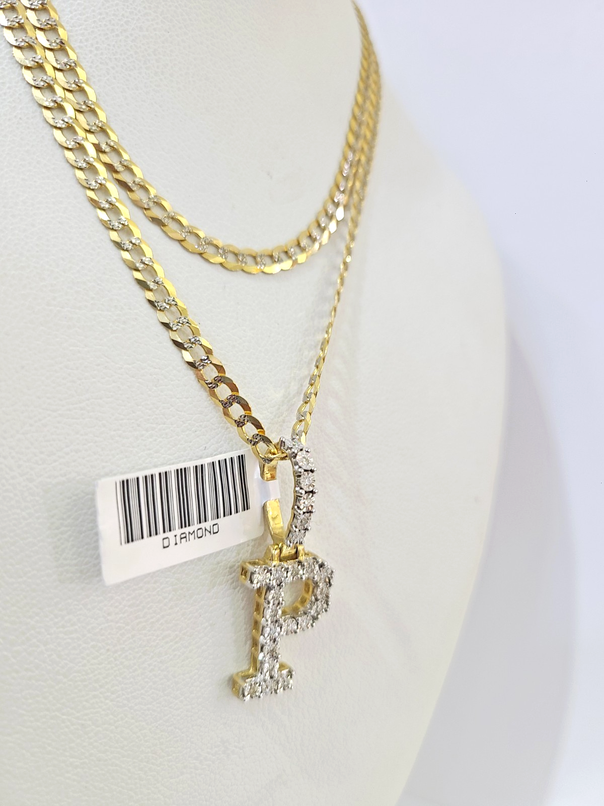 10k Gold Chain Necklace P Diamond Initial Pendant Set Cuban Curb 3mm 20"-30"