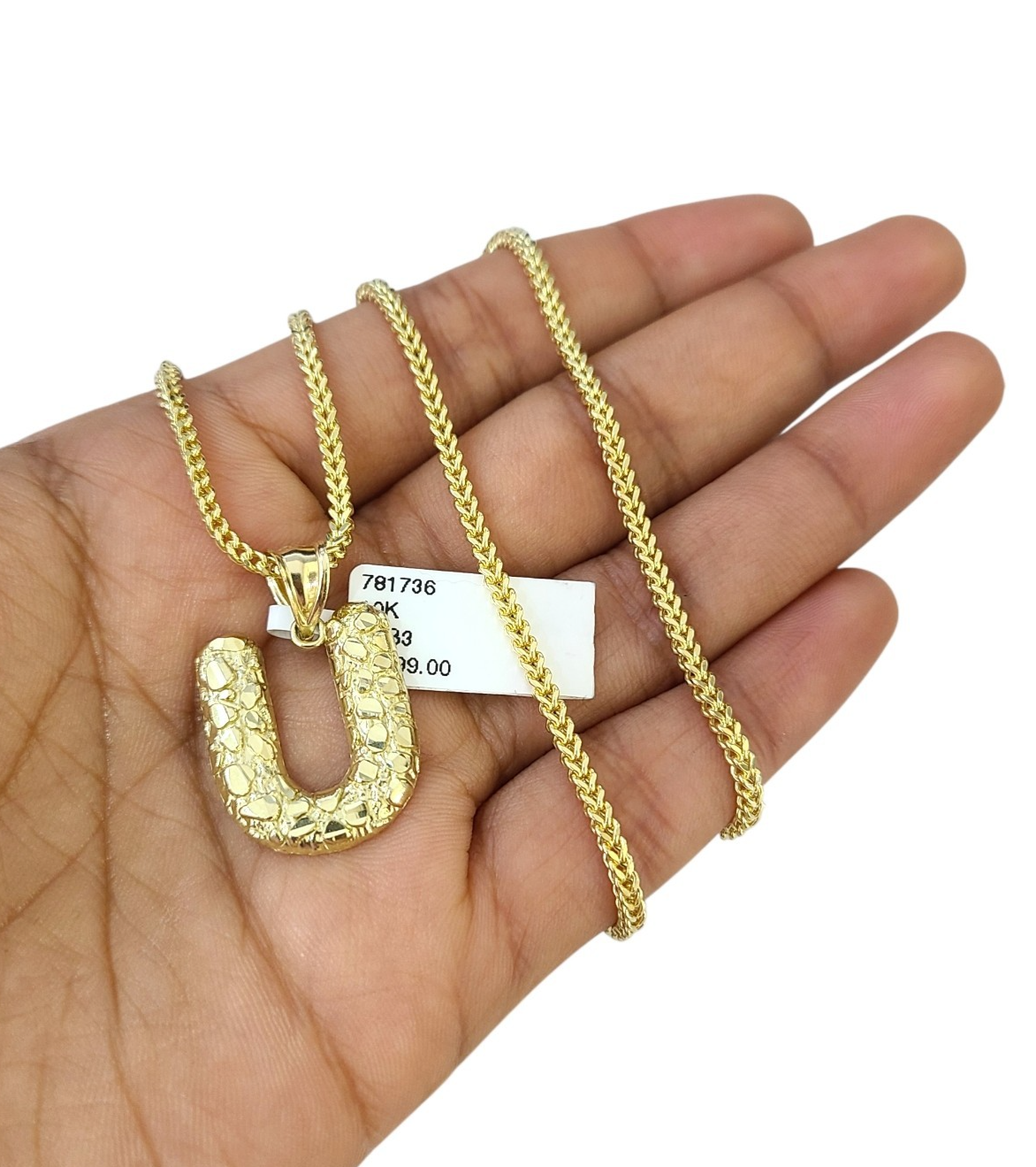 10k Gold Franco Chain 2.5mm U Nugget Initial Charm 16"-26" Pendant Necklace SET