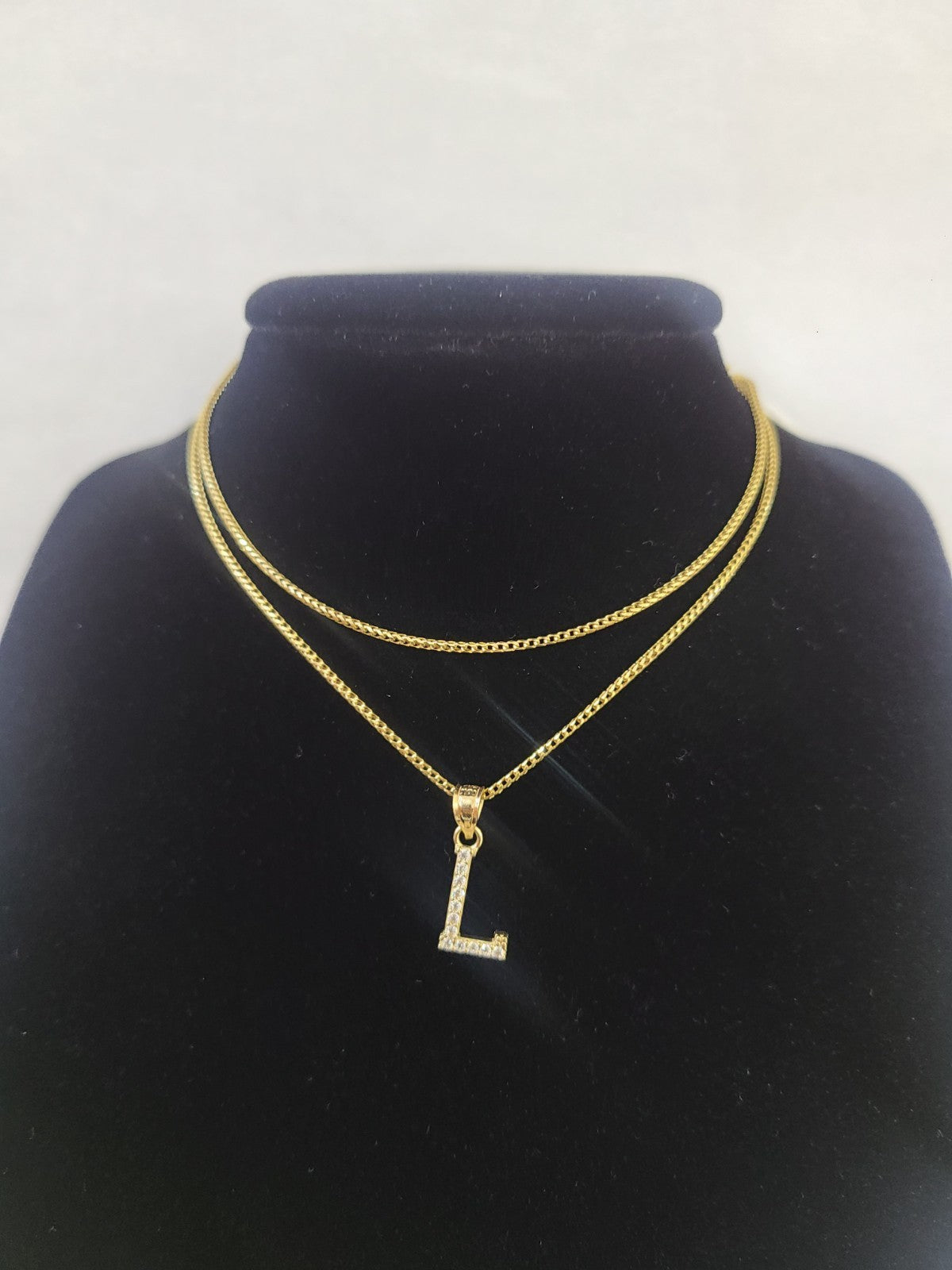 10K Gold Solid Franco Chain L Initial CZ Stone Pendant Set 1mm 16 18 20 22 Women