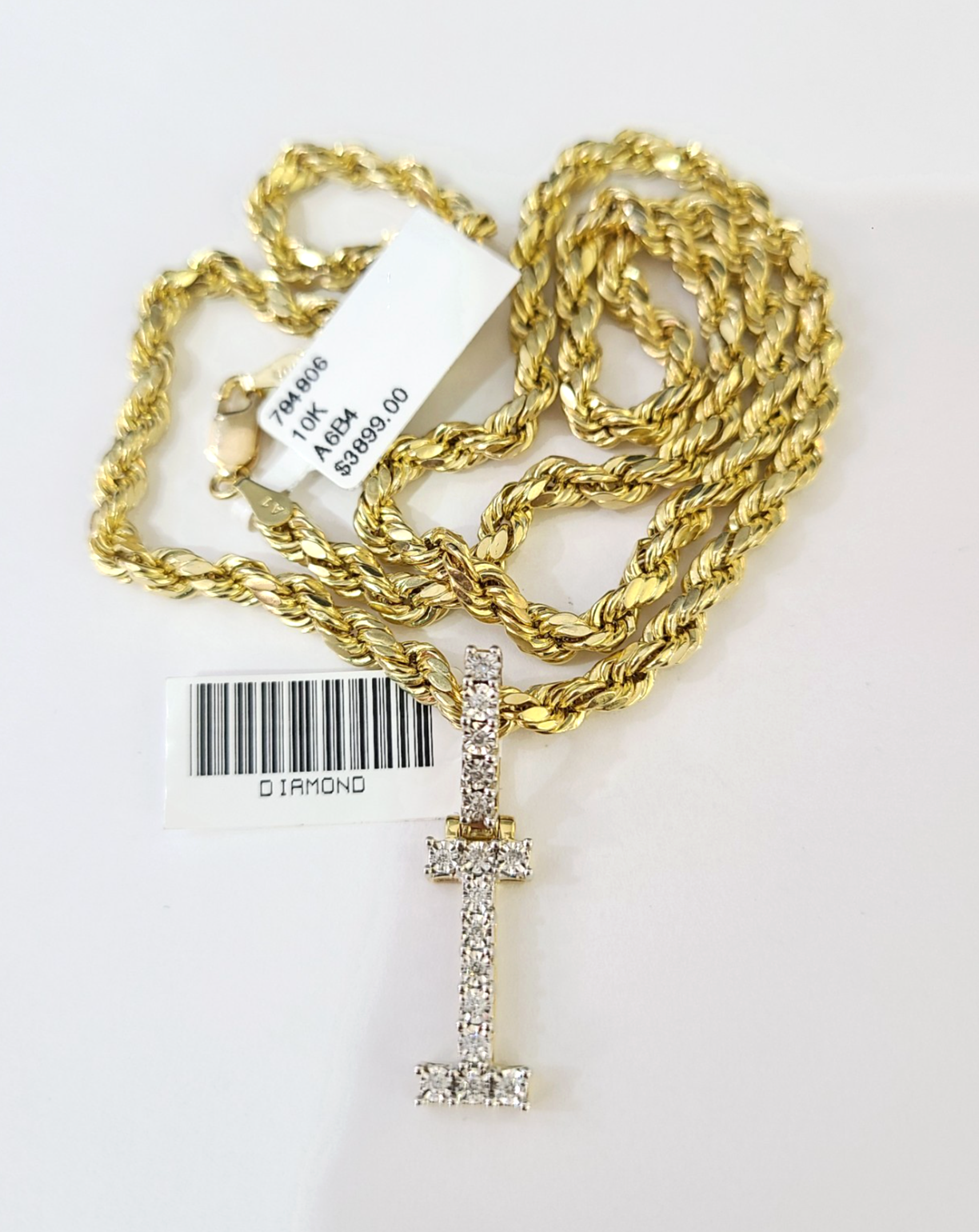 10k Rope Chain I Diamond Initial Charm Necklace Pendant Set 4mm 20"-30" Gold