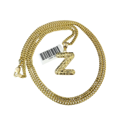 Real Gold 10k Miami Cuban Link Necklace 2.5mm Chain Z Initial Charm Pendant SET