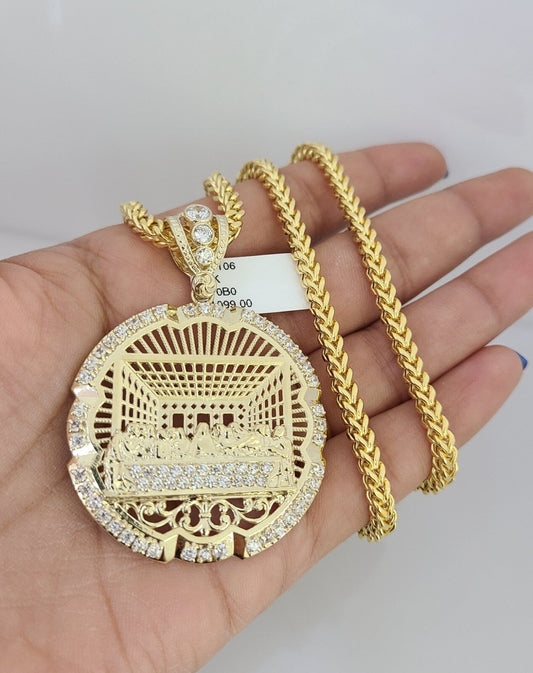 10k Yellow Gold Franco Chain Last Supper Charm Pendant 4mm 18-28 Inches Necklace