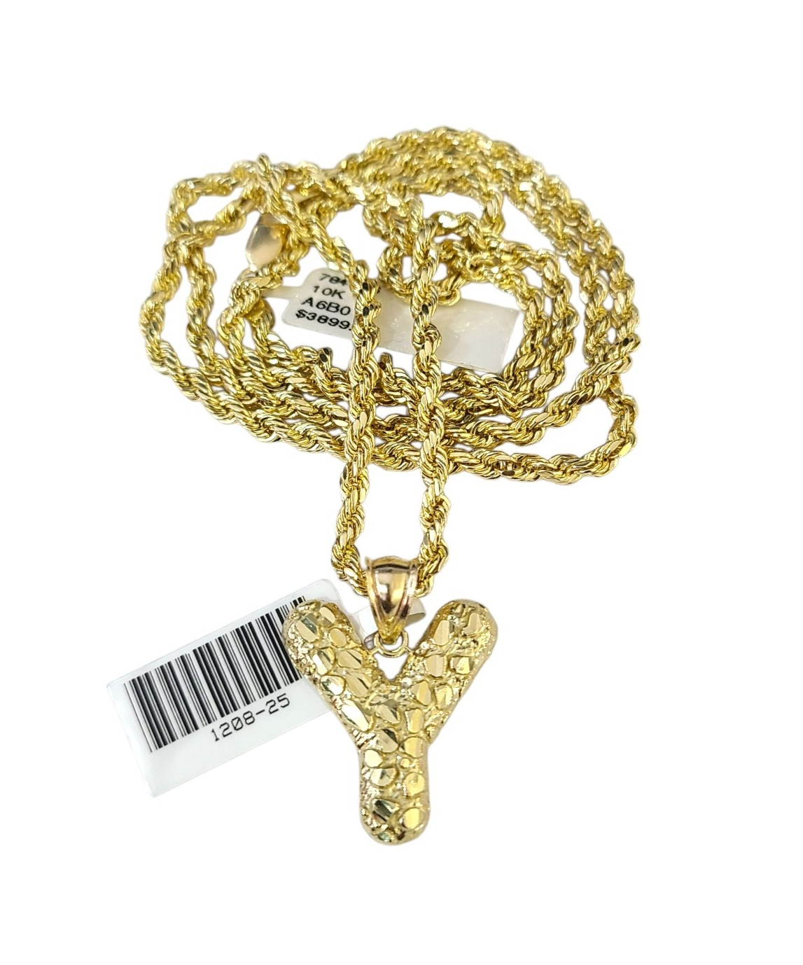 Real 10k Rope Chain Y Necklace Nugget Initial Charm 3mm 18"-28" Set Pendant Gold