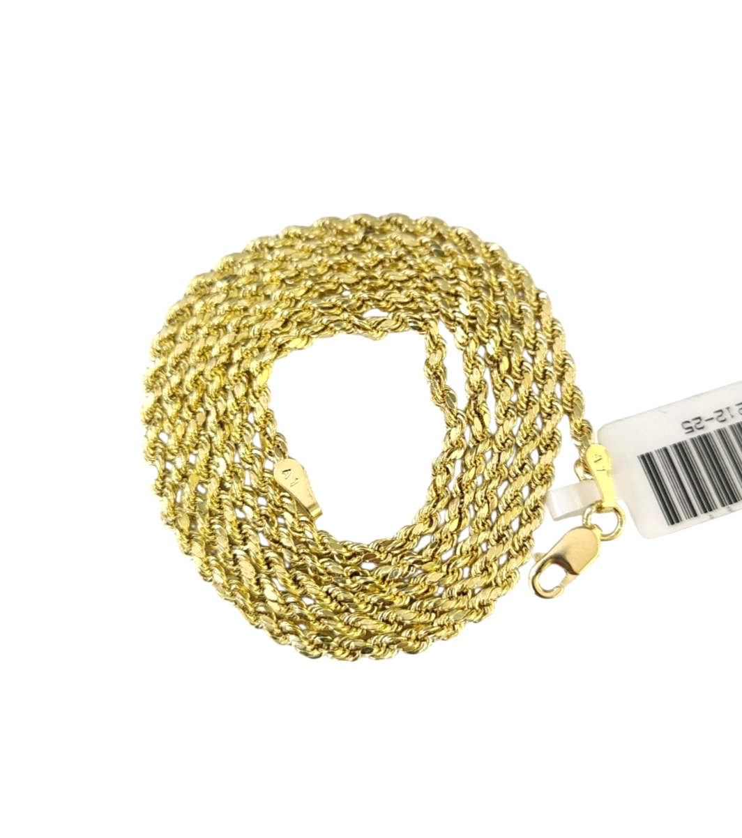 10K Yellow Gold Rope Chain Necklace 2mm 22 Inch REAL 10kt Diamond Cuts Womens