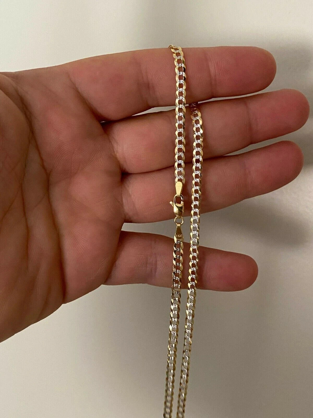 Solid 14k Diamond Cut Two Tone Gold Curb Cuban Link Chain 22" 4mm Necklace