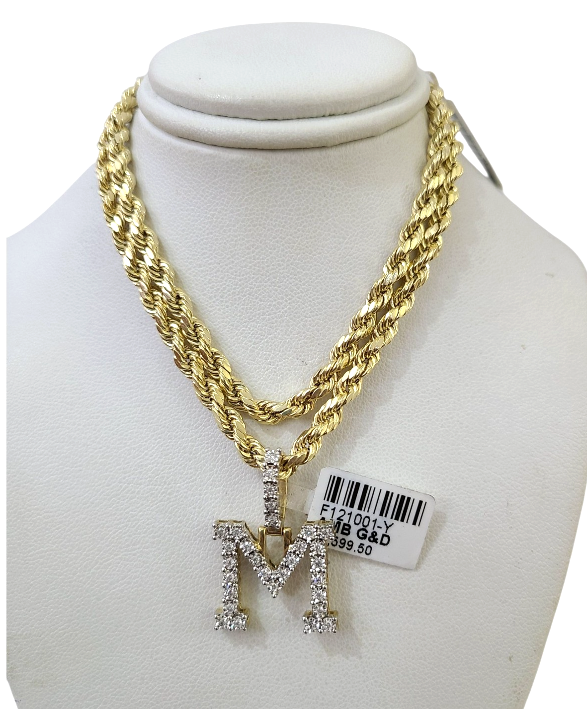 10k Rope Chain M Diamond Initial Charm Necklace Pendant Set 4mm 20"-30" Gold