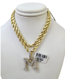 10k Rope Chain M Diamond Initial Charm Necklace Pendant Set 4mm 20"-30" Gold