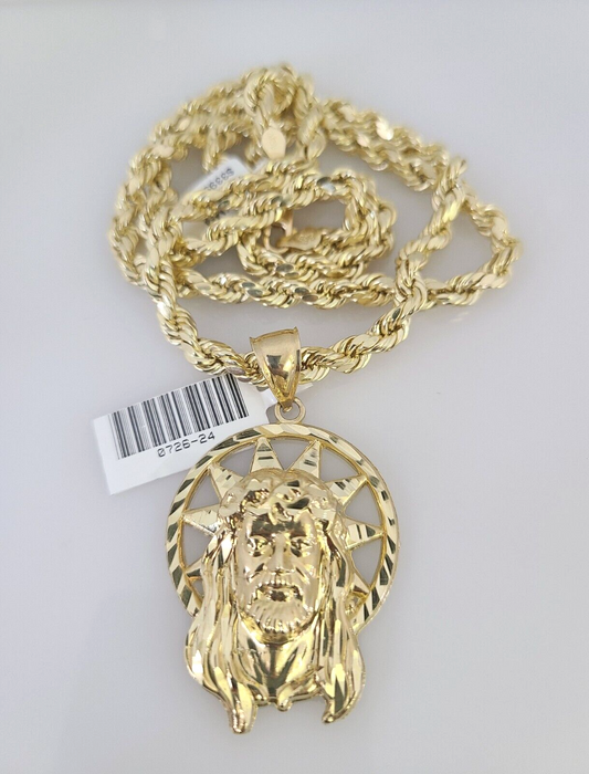 10kt Gold Rope Chain Jesus Head Pendant Charm Set 18"-30'' Inch 5mm Necklace