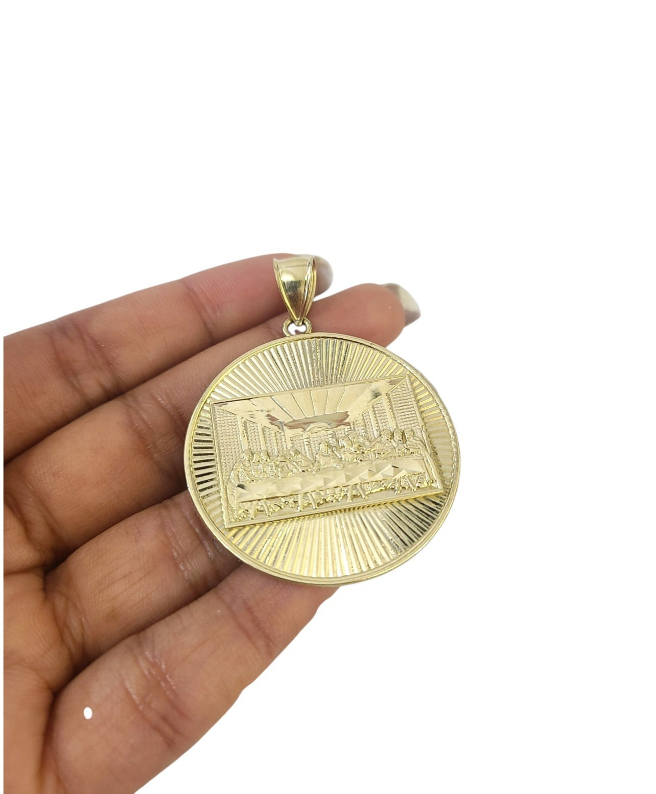 10K Yellow Gold Last Supper Pendant Charm Round Nugget Design 2 Inch