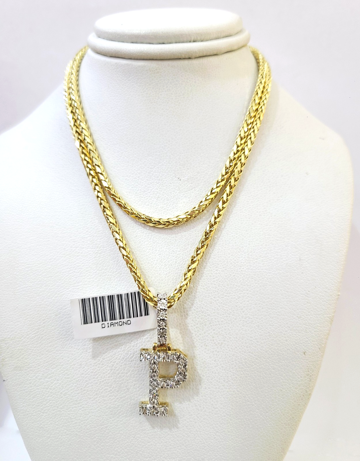 REAL 10k Yellow Gold Palm Chain P Diamond Initial Pendant Charm 3mm SET Necklace