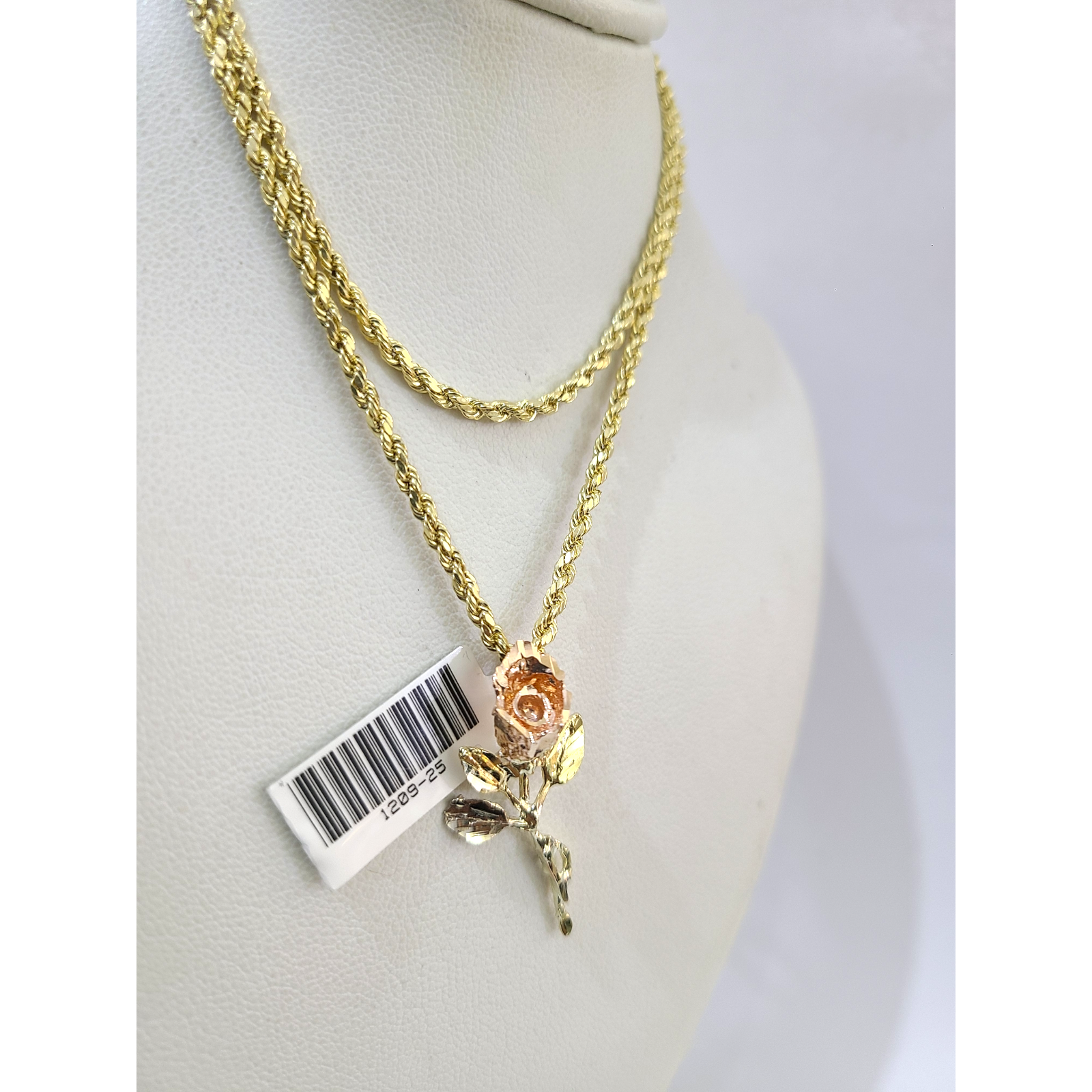 10k Rope Chain Rose Trio gold Charm Necklace Pendant Set 2mm 16"-26" Gold