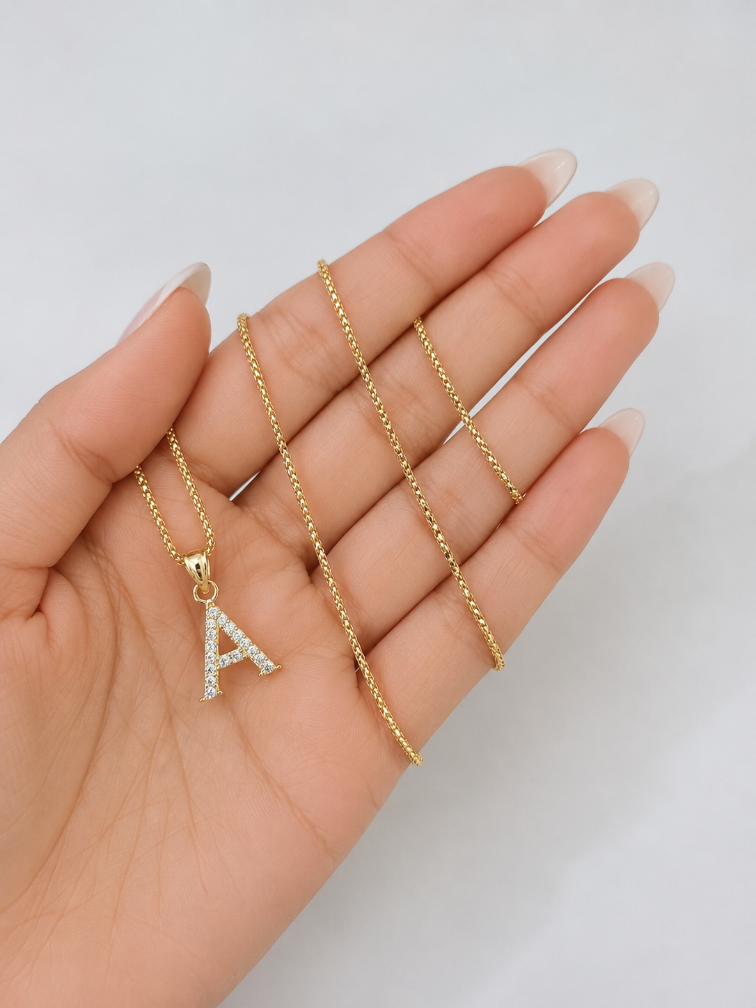 10K Gold Solid Franco Chain A Initial CZ Stone Pendant Set 1mm 16 18 20 22 Women