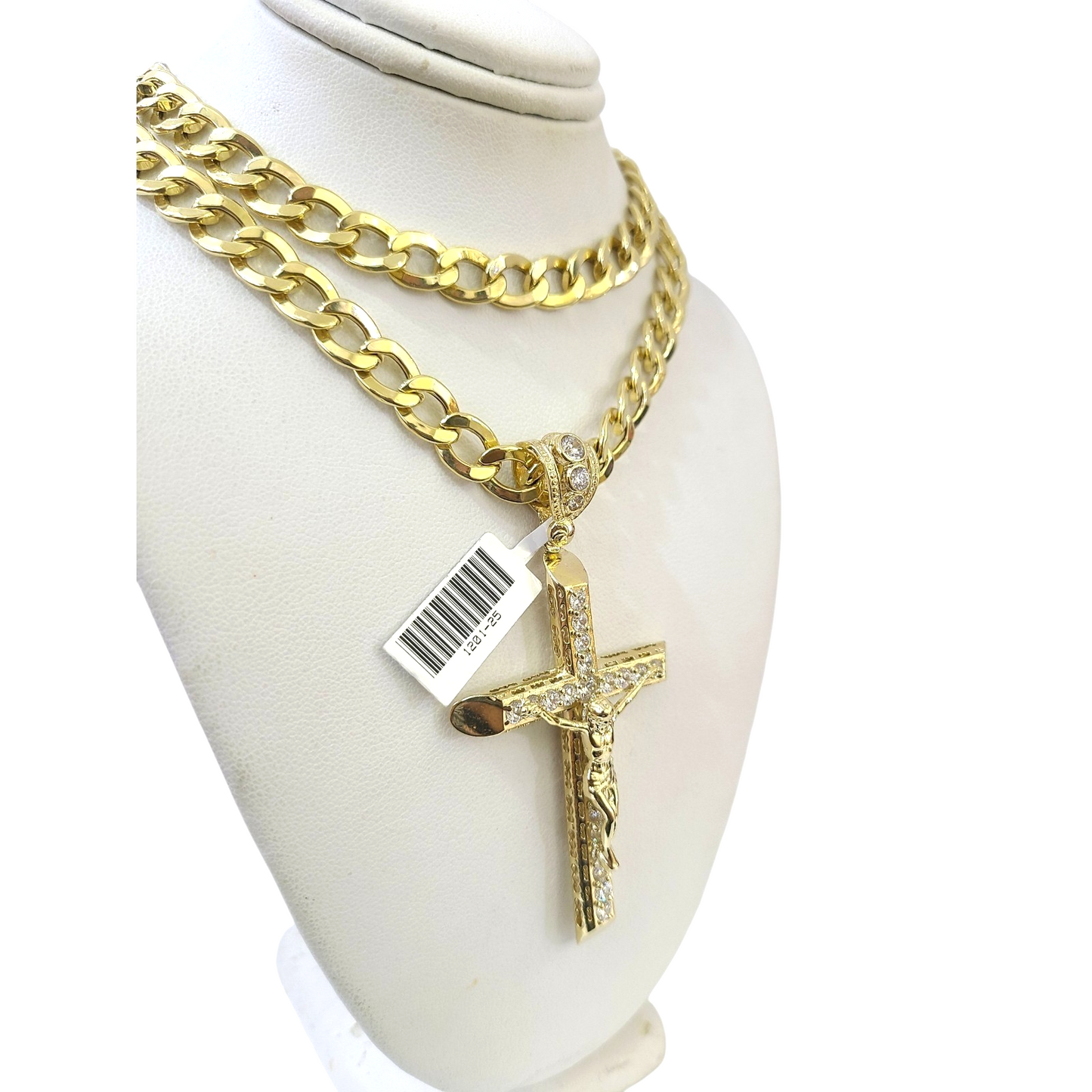 10k Yellow Gold Cuban Curb Chain Crucifix Cross Pendant Charm 8mm Necklace Men