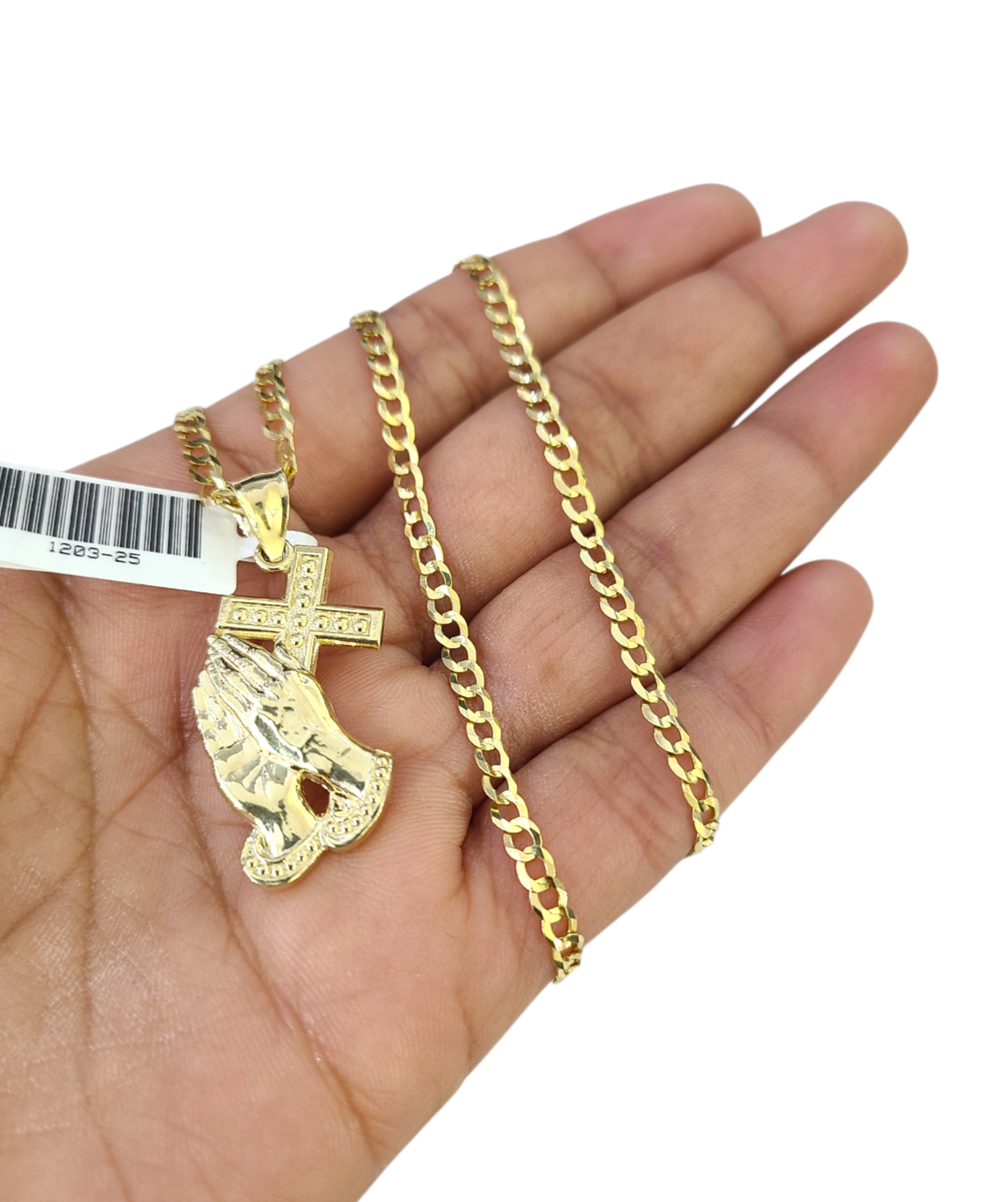 10k Gold Cuban Curb 3mm Chain Necklace Praying Hands Charm Pendant 18"-28" Set