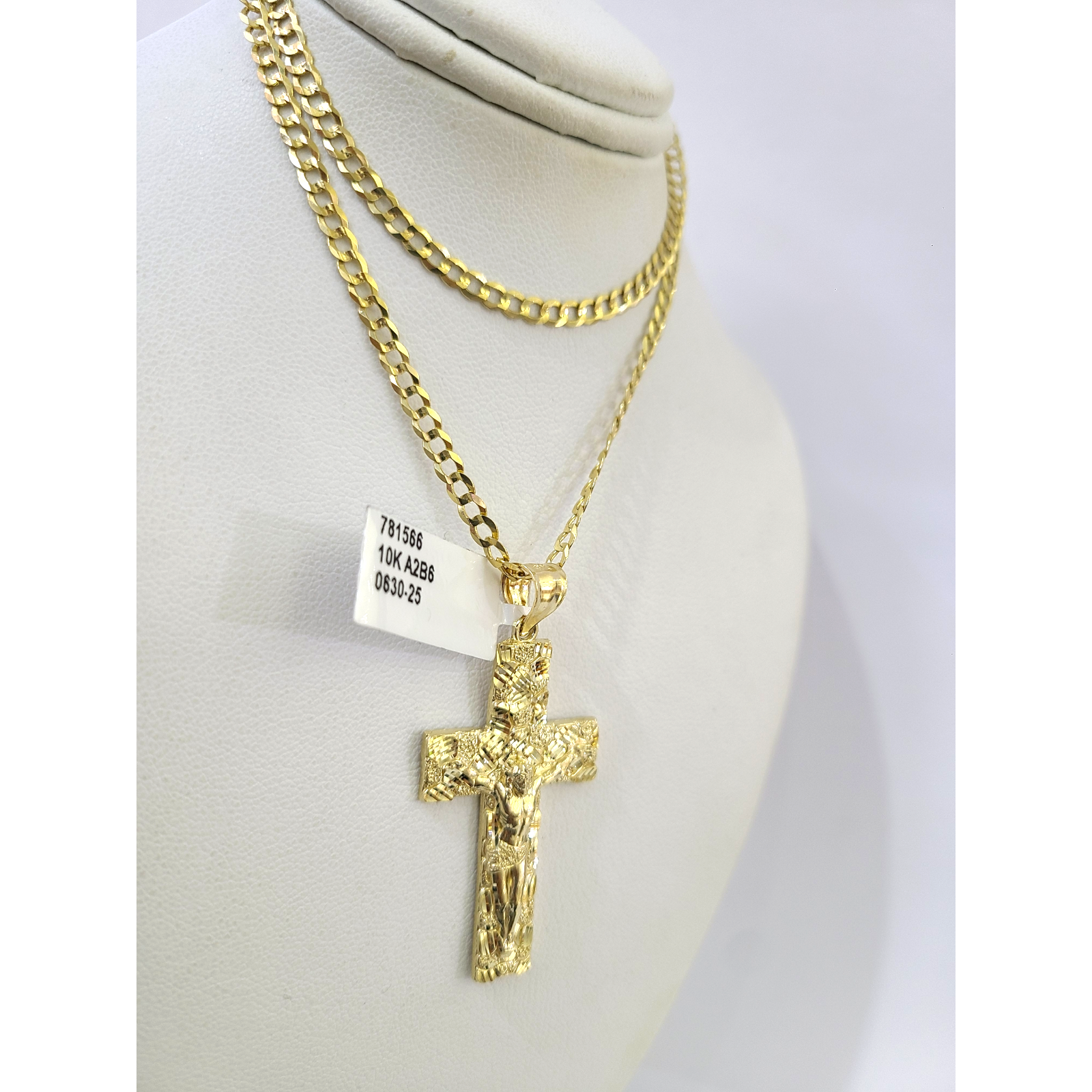 10k Gold Chain Cuban Curb 3mm Necklace Nugget Cross Charm Pendant Set 18"-28"