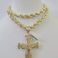 10k Gold Rope Chain & Cross Charm Pendant Mens 10kt Yellow Gold 8mm 26" Necklace