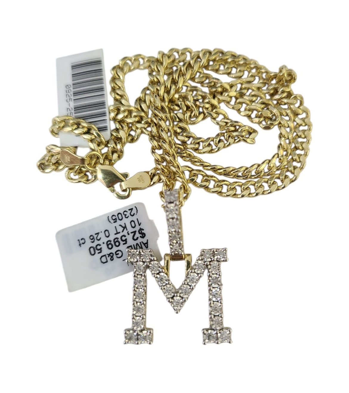 10K Gold Miami Cuban Chain M Diamond Initial 20"-28" 3mm Pendant Necklace SET