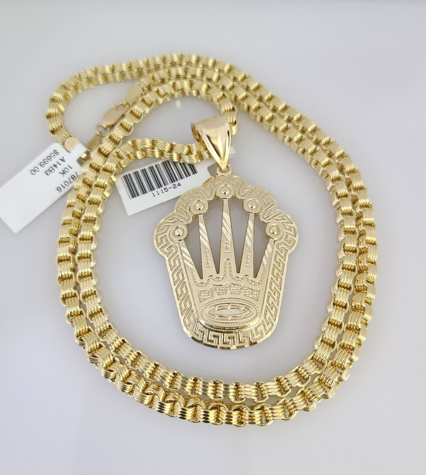 Real 10k Gold Byzantine Necklace Crown Charm SET Chain 20"-30" 4mm