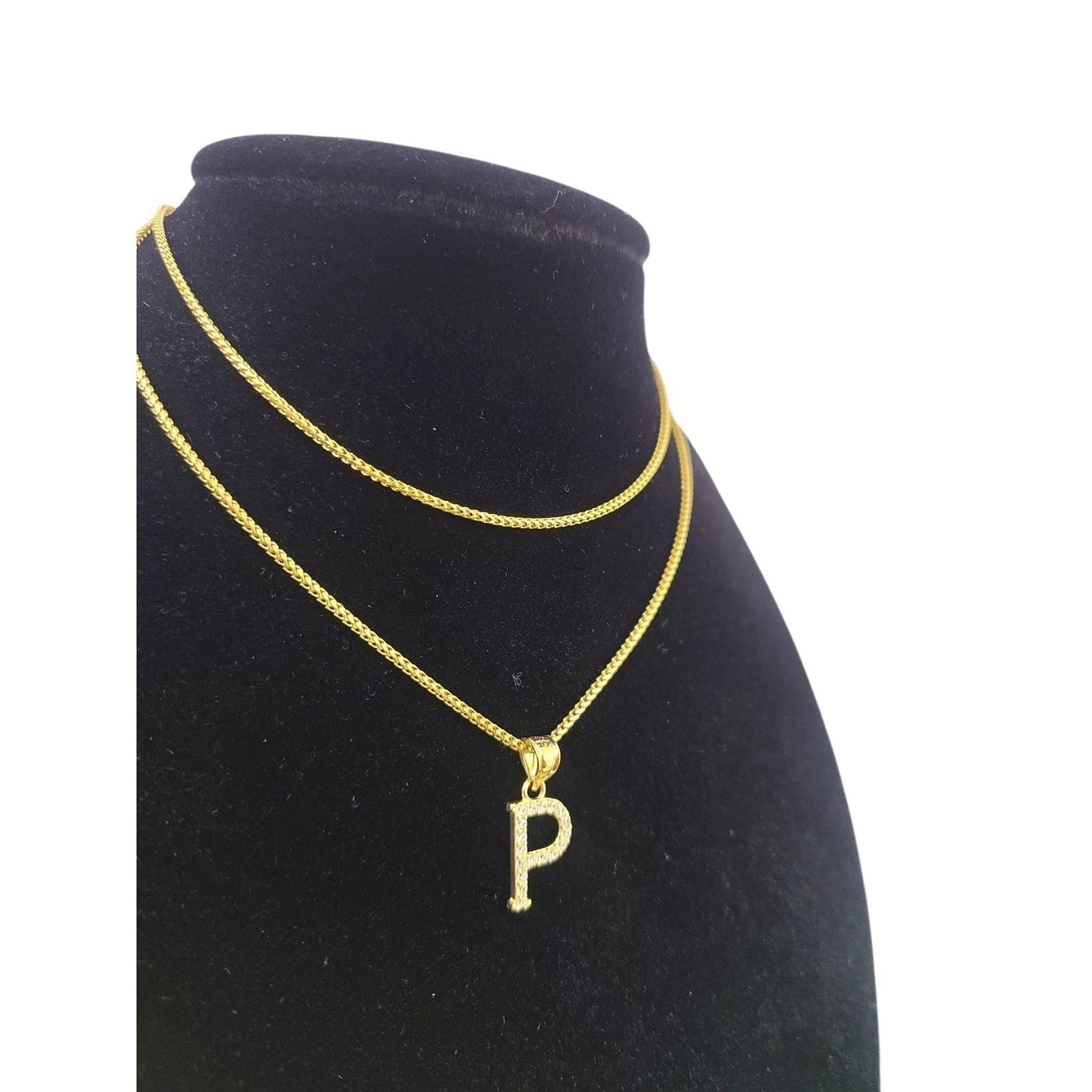 10K Gold Solid Franco Chain P Initial CZ Stone Pendant Set 1mm 16 18 20 22 Women