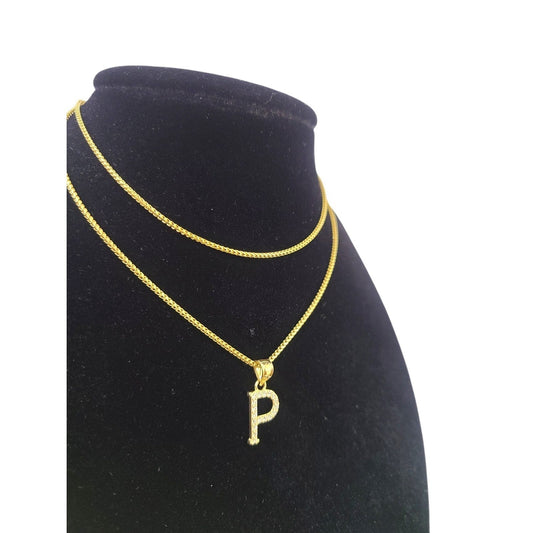 10K Gold Solid Franco Chain P Initial CZ Stone Pendant Set 1mm 16 18 20 22 Women