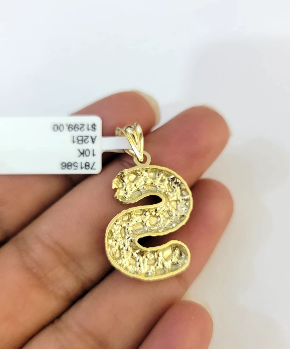 Real 10k Rope Chain S Initial Charm 3mm 18"-28" Necklace Nugget Set Pendant Gold