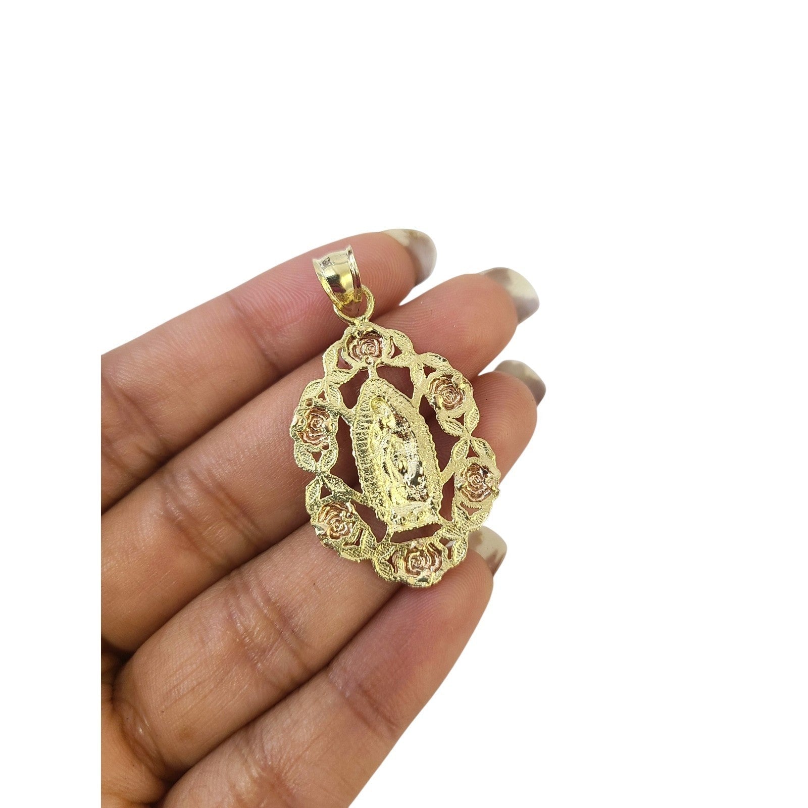 Real 10K Virgin Mary Pendent Charm Two Tone Pink Yellow Gold Holy Mother