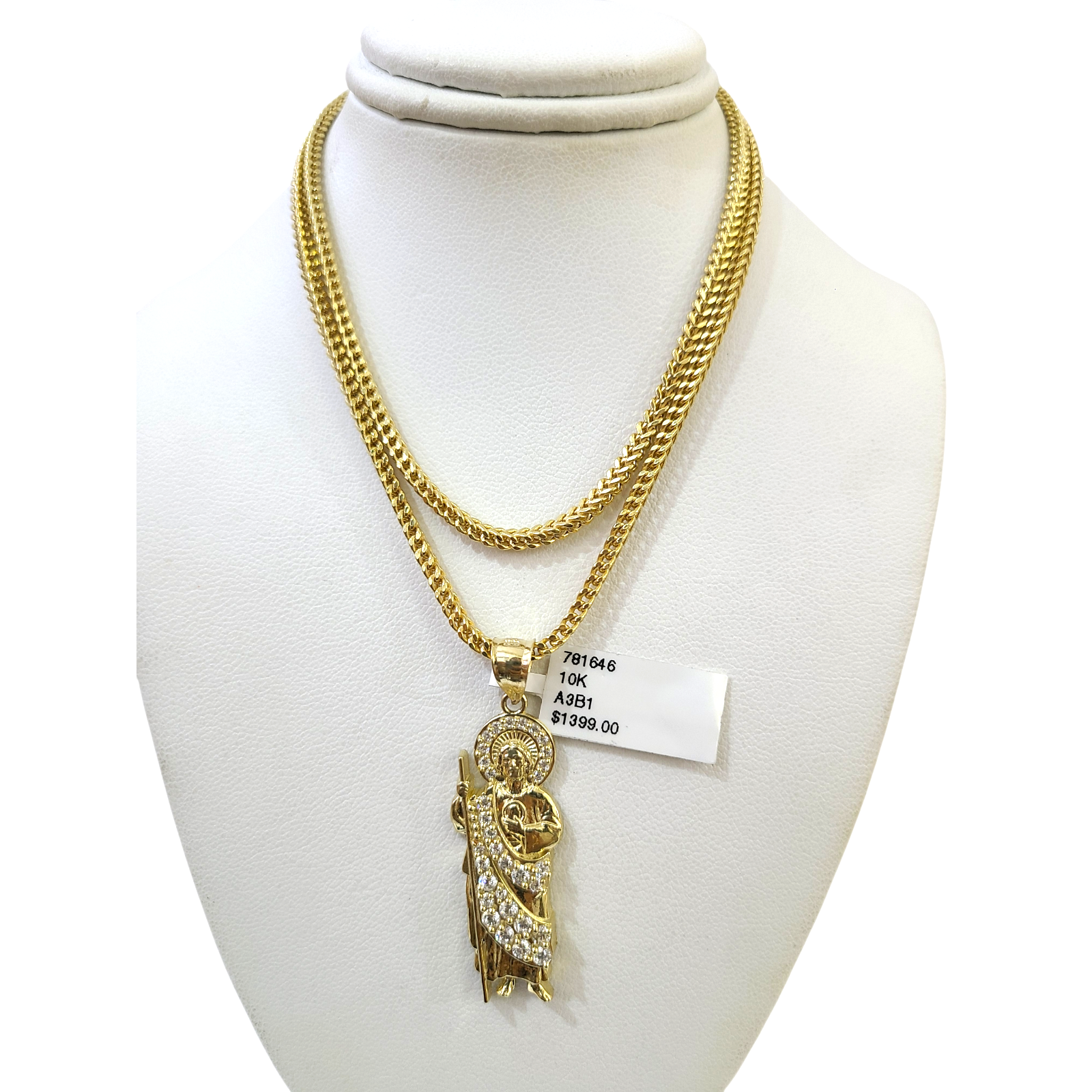 Real 10k Gold Franco Chain Saint Jude Charm Pendant Necklace SET 2.5mm 18"-26"