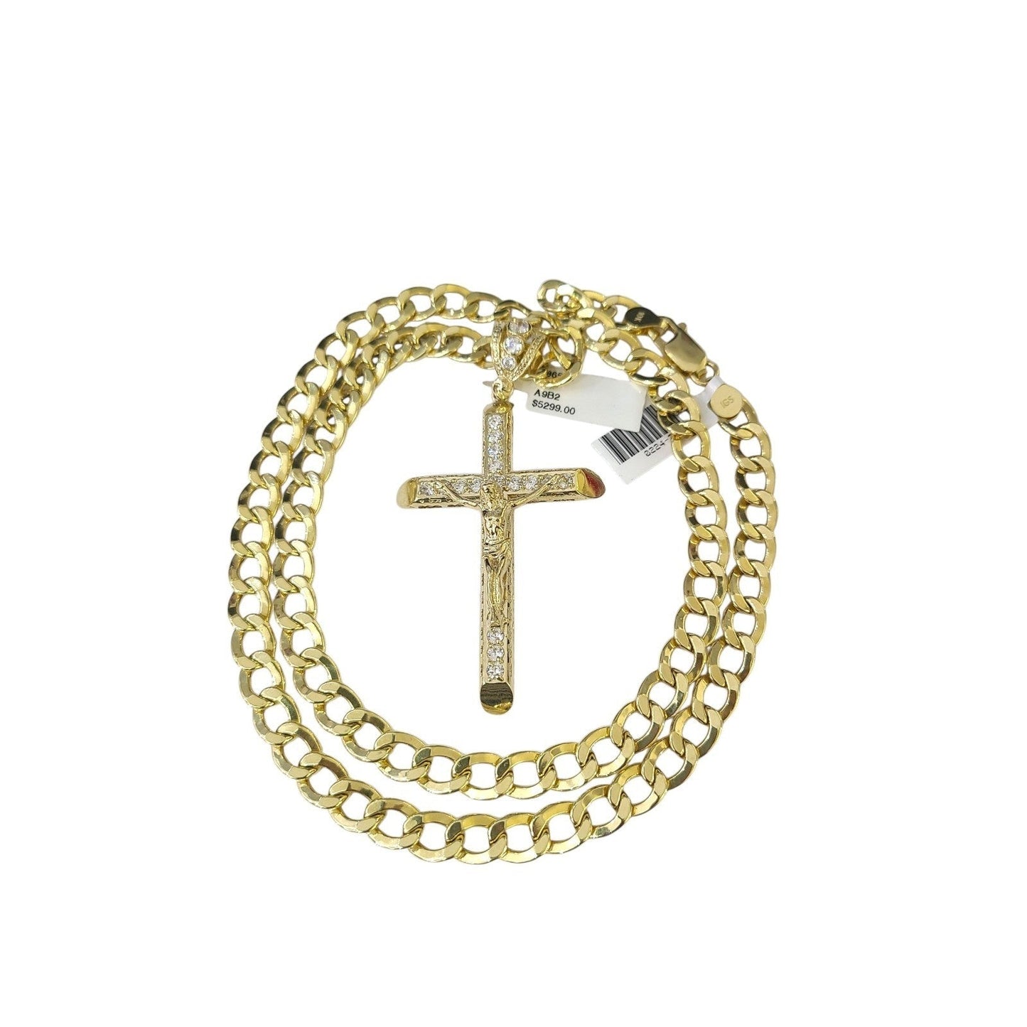 10k Yellow Gold Cuban Curb Chain Crucifix Cross Pendant Charm 8mm Necklace Men