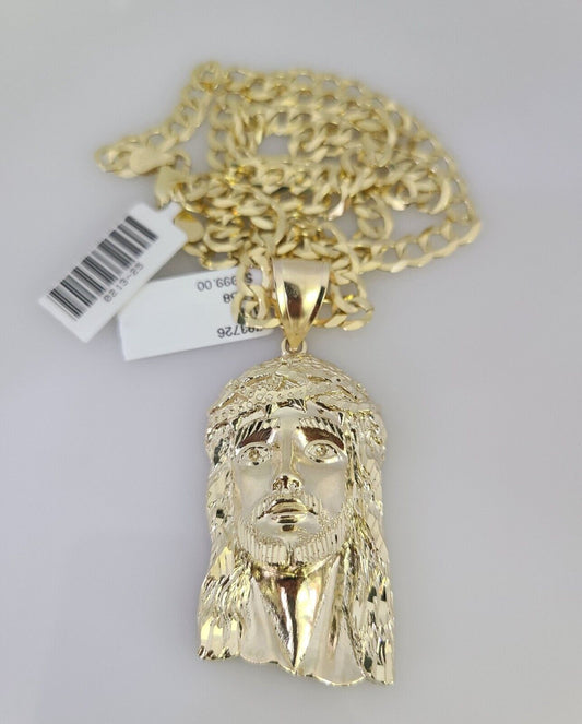 10k Gold Solid Cuban Curb Chain Necklace Jesus Head Pendant Set 6mm 20"-30"