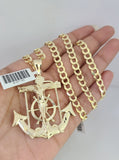 10k Gold Solid Cuban Curb Chain Necklace Jesus Anchor Pendant Set 6mm 20"-30"