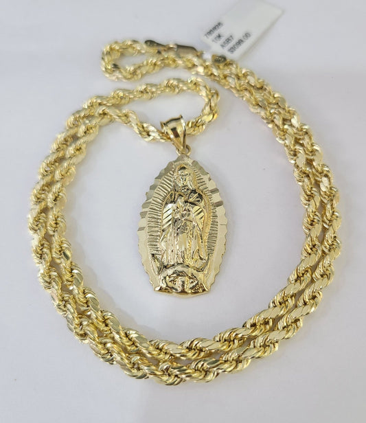 Real 10k Rope Chain Virgin Mary Charm Necklace Pendant Set 4mm 18"-28" Gold