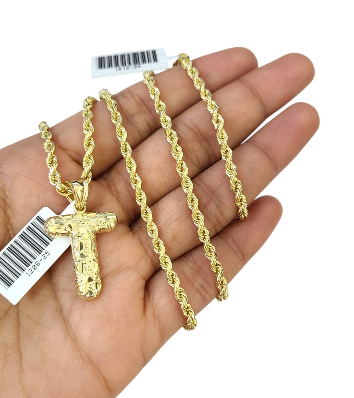 Real 10k Rope Chain Necklace T Nugget Initial Charm 3mm 18"-28" Set Pendant Gold